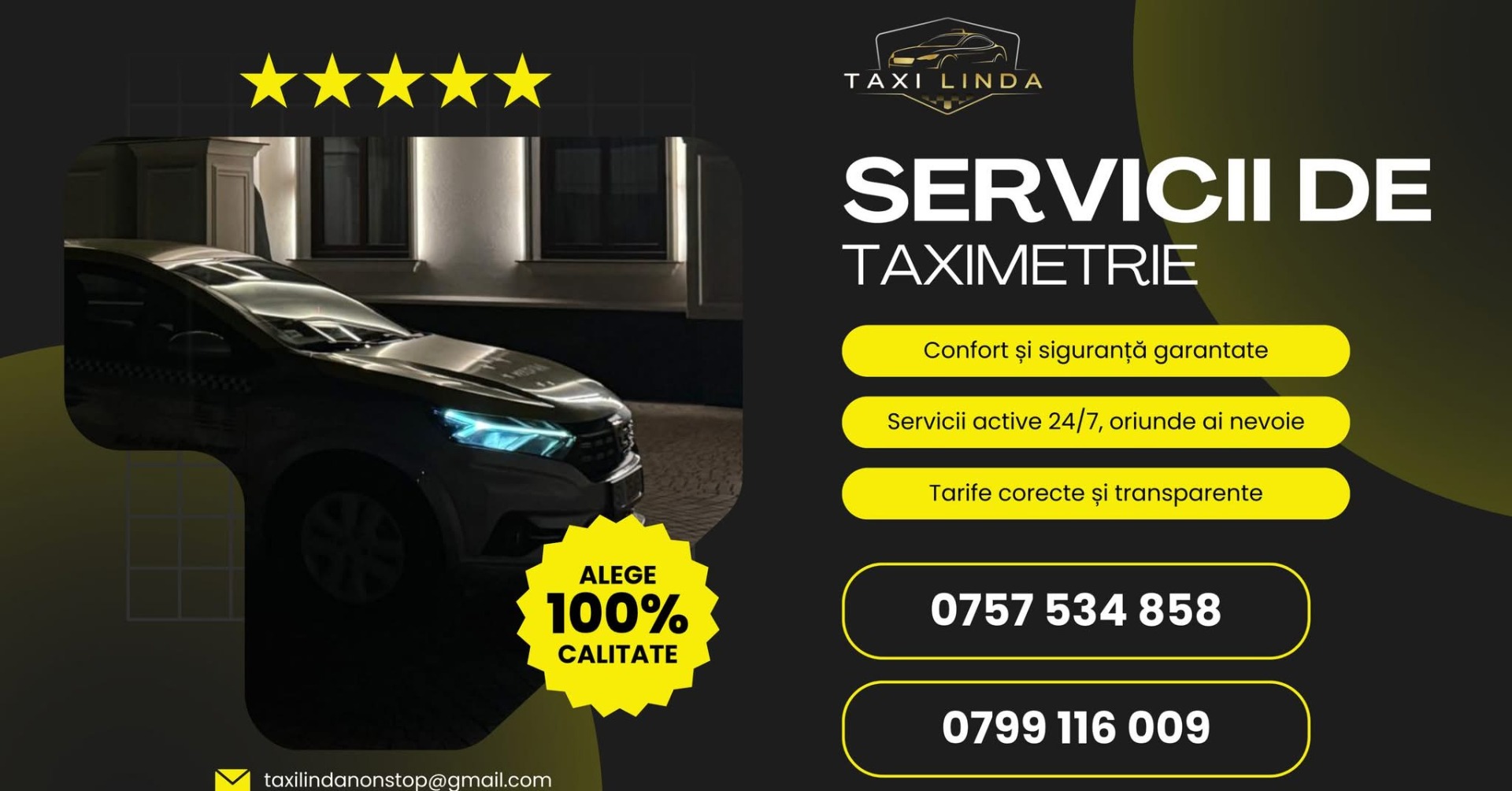 Bine ați venit la taxi falticeni linda – partenerul de încredere în călătoriile dumneavoastră! Oferim servicii de transport rapid și sigur, 24/7, pentru a vă asigura că ajungeți la destinație fără griji. Indiferent dacă e vorba de o călătorie scurtă în oraș sau de o călătorie lungă, echipa noastră de șoferi profesioniști este pregătită să vă ofere o experiență confortabilă și plăcută. Alegeți [Numele Companiei de Taxi] pentru servicii de înaltă calitate, la prețuri corecte. Contactați-ne acum pentru a rezerva o cursă!”